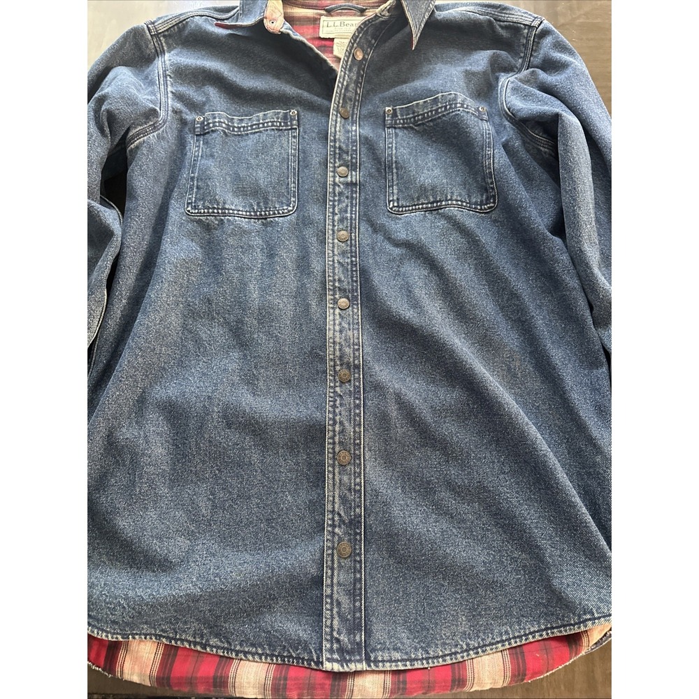 Vintage L.L. BEAN Mens Sz Large Denim Shacket Red Plaid Lined Shirt Heavyweight - Picture 3 of 7